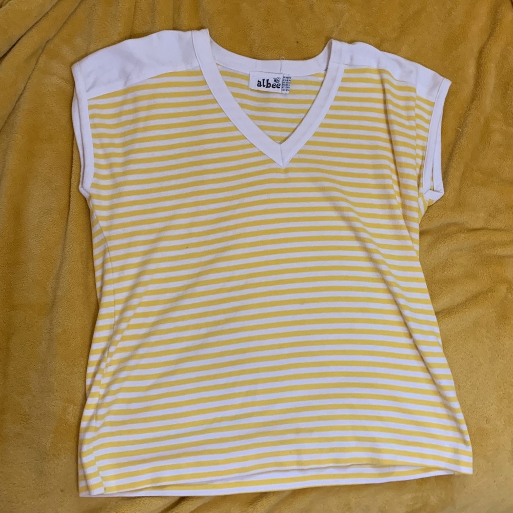 white and yellow v neck striped tee vest